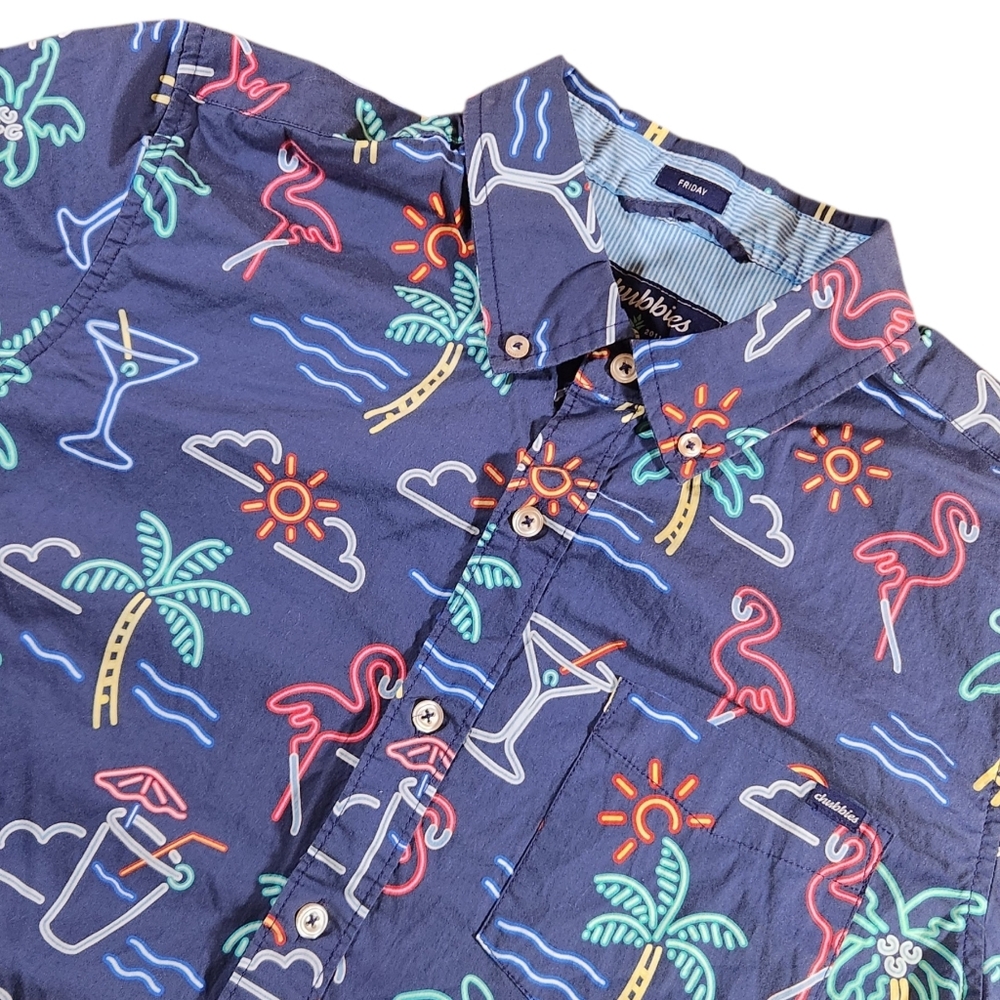 Chubbies Friday Shirt The Neon Lights Men's M Tropical Hawaiian Flamingo Blue